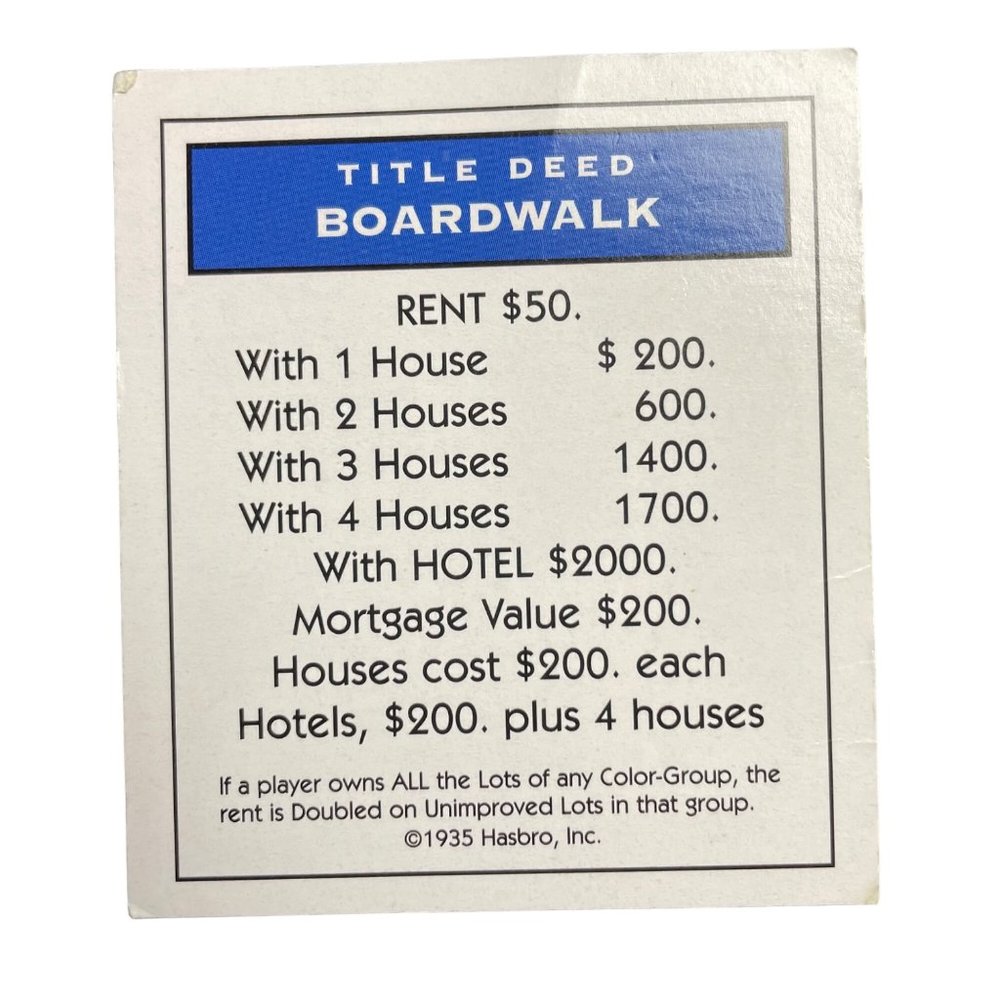 Monopoly Classic Boardwalk Ave Property Title Deed Card Replacement u